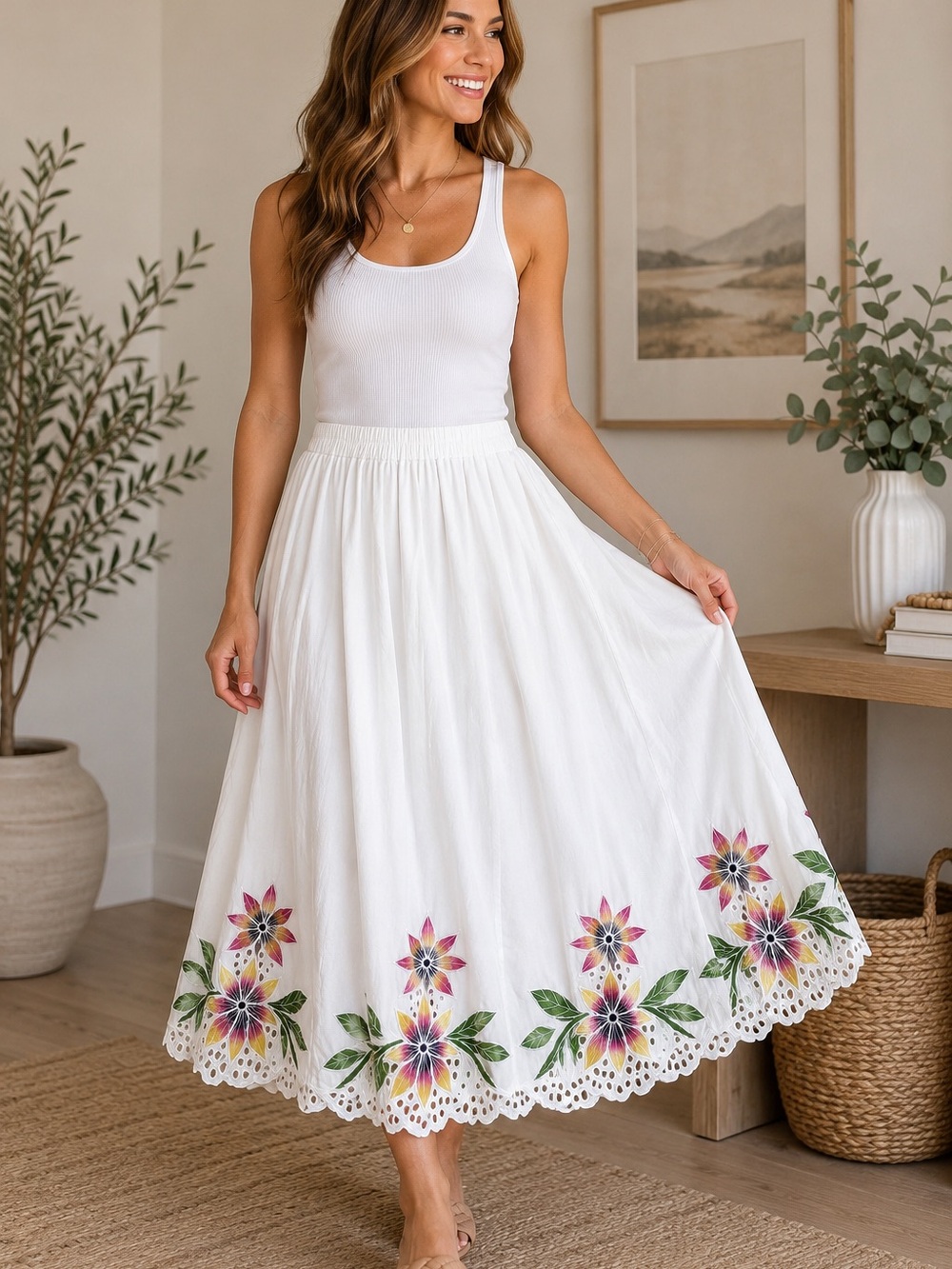 Jane Ashley White Midi Skirt with Pink & Purple Floral Border